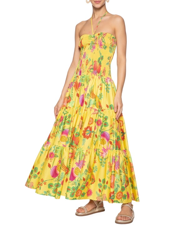 FARM Rio Dresses & Skirts - FARM Rio Yellow Tropical Floral & Fruit Tiered Maxi Dress with Pink Accents